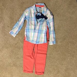 Little Lads Plaid Button-Up Shirt in Pastel Blue & Coral Pants Outfit